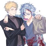  2boys atou_haruki bag black_jacket blonde_hair blood blood_on_clothes blood_on_face blue_eyes brown_sweater closed_eyes closed_mouth crossed_arms doughnut food food_in_mouth glasses grey_hair grey_shirt hand_on_another&#039;s_shoulder highres holding holding_bag jacket kanou_aogu lab_coat long_sleeves male_focus multiple_boys one_eye_closed open_clothes open_jacket paper_bag qianyouyelan ribbed_sweater saibou_shinkyoku shirt short_hair simple_background smile spoken_star star_(symbol) sweat sweater turtleneck turtleneck_sweater white_background 