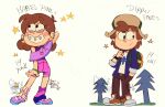 1boy 1girl aged_up ahoge arm_up asymmetrical_legwear backpack bag blue_sweater blush_stickers bracelet braces brother_and_sister brown_hair brown_pants clearmonbass concept_art dipper_pines ear_piercing earrings eyelashes fur_hat gravity_falls green_bag green_hat grin hair_ornament hairclip hand_in_pocket hat heart heart_necklace highres jewelry leg_warmers looking_to_the_side looking_up mabel_pines medium_hair mismatched_legwear multiple_earrings necklace pants piercing pine_tree pink_footwear pink_leg_warmers pink_shorts posing purple_shawl purple_shirt rainbow_hair_ornament shawl shirt shoes short_hair shorts siblings sleeveless sleeveless_shirt smile sneakers socks star_(symbol) star_earrings sweater tree tree_print twins ushanka vertical-striped_leg_warmers watch white_shirt white_socks wristwatch 