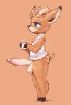  2019 animal_crossing antelope anthro balls beau_(animal_crossing) beverage big_penis blue_eyes bottomless clothed clothing coffee erection eyelashes hooves horn huge_penis humanoid_penis male mammal nintendo penis shirt simple_background solo somnamg standing thick_thighs video_games 