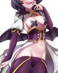  1girl black_hair black_nails black_wings blush breasts bridal_gauntlets camel corset demon_wings facial_tattoo fangs head_out_of_frame highres low_wings magia_baiser mahou_shoujo_ni_akogarete medium_breasts medium_hair navel pantyhose pasties purple_bridal_gauntlets purple_corset purple_pantyhose revealing_clothes simple_background solo sora-wo-tomo tattoo upper_body white_background wings 
