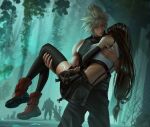  3boys 3girls absurdres aerith_gainsborough baggy_pants bare_arms bare_shoulders barret_wallace black_gloves black_hair black_skirt black_sports_bra black_thighhighs blonde_hair blurry blurry_background boots breasts cait_sith_(ff7) carrying closed_mouth cloud_strife cowboy_shot crop_top elbow_gloves english_commentary final_fantasy final_fantasy_vii final_fantasy_vii_rebirth final_fantasy_vii_remake full_body gloves highres large_breasts long_hair looking_at_another low-tied_long_hair midriff multiple_boys multiple_girls outdoors pants princess_carry red_footwear red_xiii ribbed_sweater safaia short_hair silhouette skirt sleeveless sleeveless_turtleneck spiked_hair sports_bra standing suspender_skirt suspenders sweater tank_top tears thighhighs tifa_lockhart turtleneck turtleneck_sweater wet wet_clothes wet_hair white_tank_top yuffie_kisaragi zettai_ryouiki 