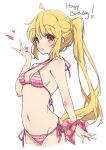  1girl bikini blonde_hair bocchi_the_rock! breasts commentary_request happy_birthday highres ijichi_nijika long_hair looking_at_viewer medium_breasts mel_(melty_pot) red_eyes side-tie_bikini_bottom side_ponytail solo striped_bikini striped_clothes swimsuit 