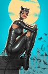  1girl bat_(animal) batman_(series) black_bodysuit black_footwear blue_sky bodysuit boots breasts brown_eyes catwoman david_nakayama dc_comics full_moon highres initial large_breasts looking_to_the_side moon outdoors red_lips sitting sky skyline solo whip 