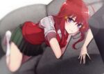  1girl bad_id bad_pixiv_id breasts closed_mouth couch go-toubun_no_hanayome green_skirt hair_ornament highres kayao large_breasts long_hair looking_at_viewer lying nakano_itsuki no_shoes on_side pleated_skirt red_hair school_uniform short_sleeves skirt socks solo star_(symbol) star_hair_ornament white_socks 