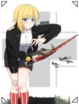  1girl aircraft airplane artist_name atamonica balkenkreuz black_jacket black_shorts blonde_hair blue_eyes breasts collared_shirt cross fighter_jet fighter_plane fw_190 highres insignia jacket jet kneehighs leaning_forward looking_at_viewer me_262 military_vehicle open_clothes open_jacket original red_socks shirt short_hair shorts shoulder_boards simple_background socks solo striped_clothes striped_socks white_background white_shirt 