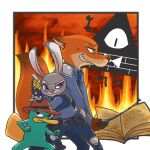  1girl 3boys bill_cipher book cat-299 crossover disney fox gravity_falls judy_hopps multiple_boys nick_wilde no_humans perry_the_platypus phineas_and_ferb platypus police police_uniform rabbit uniform zootopia 