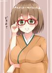  artist_name blush breast_hold breasts chaa_(korone-ze) glasses grin highres hiryuu_(kantai_collection) japanese_clothes kantai_collection large_breasts looking_at_viewer smile solo translation_request 