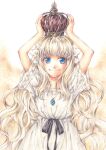  1girl arms_up blonde_hair blue_eyes crown dress ender_lilies_quietus_of_the_knights highres jewelry lily_(ender_lilies) long_hair looking_at_viewer nanai_yuki necklace painting_(medium) pendant smile solo traditional_media upper_body very_long_hair watercolor_(medium) wavy_hair white_dress 