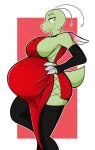  absurd_res anthro bedroom_eyes big_breasts breasts clothed clothing colored dima_(artist) dress female generation_2_pokemon green_body hi_res looking_at_viewer magnolia_(n4ckl3) meganium narrowed_eyes nintendo pokemon pokemon_(species) pose pregnant pregnant_female seductive solo tail thick_thighs tight_clothing yellow_eyes 