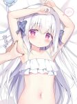  1boy 1girl :o armpits arms_up azumi_kazuki bare_arms bare_shoulders bed_sheet bikini blue_bow blush bow collarbone commentary_request hair_between_eyes hair_bow hair_intakes long_hair male_focus original parted_lips purple_eyes solo_focus spoken_blush swimsuit translation_request upper_body very_long_hair white_bikini white_hair 