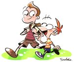  2boys chibi full_body milo_murphy multiple_boys open_mouth phineas_and_ferb phineas_flynn red_hair shirt short_hair shorts siblings smile striped_clothes striped_shirt sudako_(tkb315) toon_(style) 