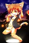  balls cat clothed clothing cub cute detailed_background feline fur kasasagi lantern loincloth male mammal open_shirt orange_fur red_eyes sky solo tree young 