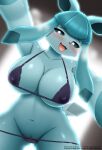  anthro big_breasts bikini biped blue_body blue_fur blush breasts butt butt_from_the_front clothed clothing eeveelution faroula female fur generation_4_pokemon glaceon hi_res looking_at_viewer navel nintendo open_mouth open_smile pokemon pokemon_(species) pupils smile solo swimwear thick_thighs 