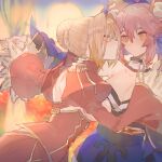  2girls ahoge animal_ears bad_id bad_pixiv_id bare_shoulders blonde_hair breasts cleavage dancing dress fate/extra fate_(series) fox_ears fox_girl green_eyes hair_between_eyes hair_intakes japanese_clothes kibadori_rue large_breasts looking_at_another multiple_girls nero_claudius_(fate) pink_hair red_dress tamamo_(fate) yellow_eyes 