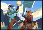  anthro armor background_character biped breastplate canid canine canis castle cheering cloud club_(weapon) crowd digital_media_(artwork) domestic_dog duo female fence fight fighting_pose group hi_res husky jaclyn_(revertigo) male mammal mapache_(artist) melee_weapon mountain nightstick nordic_sled_dog pose practice_weapon sky spitz weapon wolf 