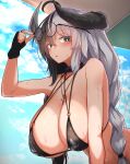 big_breasts bikini blush bodily_fluids breasts clothed clothing cloud cross eyewear female glasses hi_res horn horned_humanoid humanoid not_furry outside sky solo sweat swimwear tylwing umbrella wearing_glasses 