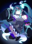 1girl aqua_hair bare_shoulders black_sleeves commentary covered_navel detached_arm detached_legs detached_sleeves fu-ta ghost ghost_miku_(project_voltage) glitch glowing_neckwear grey_shirt hair_between_eyes hatsune_miku highres long_hair looking_at_viewer navel necktie no_panties pale_skin pokemon print_sleeves project_voltage see-through see-through_skirt shirt skirt sleeves_past_fingers sleeves_past_wrists solo thighhighs twintails very_long_hair vocaloid white_necktie yellow_eyes 