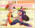  1boy 1girl black_hair blue_eyes bow child dress hair_bow isabella_garcia-shapiro long_hair open_mouth phineas_and_ferb phineas_flynn pink_bow pink_dress red_hair shirt sitting smile sudako_(tkb315) toon_(style) 