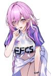  1girl absurdres blush breasts cleavage elf elysia_(honkai_impact) gloves hair_ornament highres honkai_(series) honkai_impact_3rd kamishiro_noa large_breasts long_hair looking_at_viewer official_alternate_costume open_mouth pink_hair pointy_ears purple_eyes smile solo very_long_hair white_background white_gloves 