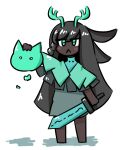  1girl :&lt; absurdres ancient_rabbit animal_ears antlers barefoot black_hair blue_horns blush capelet closed_mouth commentary dark-skinned_female dark_skin english_commentary floppy_ears full_body ghost green_capelet grey_skirt half_up_braid highres horns long_hair looking_at_viewer medium_bangs minimasa rabbit_and_steel rabbit_ears rabbit_girl simple_background skirt solo standing very_dark_skin very_long_hair white_background 