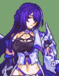  1girl acheron_(honkai:_star_rail) black_gloves breasts cleavage coat commentary crop_top glaceo gloves green_background honkai:_star_rail honkai_(series) long_hair looking_at_viewer lowres medium_breasts midriff navel pixel_art purple_eyes purple_hair single_bare_shoulder solo stomach upper_body very_long_hair white_coat 