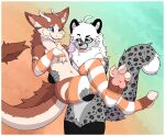  absurd_res anthro belly dragon duo felid fluffy fluffy_tail fur fur_markings furred_dragon furred_scalie hair hi_res holding_another kenahri latex long_hair male male/male mammal markings mythological_creature mythological_scalie mythology pantherine paws scalie snow_leopard tail warmers 