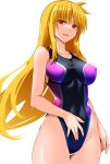  1girl black_one-piece_swimsuit blonde_hair breasts commentary_request competition_swimsuit cowboy_shot engo_(aquawatery) fate_testarossa highleg highleg_swimsuit highres large_breasts long_hair lyrical_nanoha mahou_shoujo_lyrical_nanoha_strikers one-piece_swimsuit open_mouth red_eyes simple_background smile solo swimsuit two-tone_swimsuit white_background 