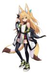  1girl animal_ear_fluff animal_ears black_gloves black_thighhighs blonde_hair blush fingerless_gloves fox_ears fox_girl fox_tail gloves green_eyes hair_between_eyes highres jacket kokonoe_tsubaki long_hair looking_at_viewer multiple_tails off_shoulder open_clothes open_jacket open_mouth original smile solo tail thighhighs two_tails white_background yoshizawa_tsubaki 