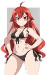  1girl absurdres abysswatchers ahoge armpits ass_visible_through_thighs bikini black_bikini breasts eris_greyrat feet_out_of_frame hair_between_eyes hair_ribbon hand_on_own_hip highres light_frown long_hair looking_at_viewer medium_breasts mushoku_tensei red_eyes red_hair ribbon short_eyebrows sideboob simple_background solo stomach swimsuit thick_thighs thighs very_long_hair 