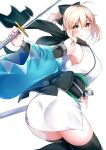  1girl absurdres arm_guards ass black_bow black_scarf blonde_hair blush bow breasts fate/grand_order fate_(series) haori highres holding holding_sword holding_weapon japanese_clothes katana kimono koha-ace large_breasts len_(hand_linke) long_sleeves looking_at_viewer okita_souji_(fate) okita_souji_(koha-ace) scarf shinsengumi short_hair short_kimono simple_background sleeveless sleeveless_kimono sword thighs weapon white_background white_kimono wide_sleeves yellow_eyes 
