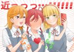  3girls absurdres blonde_hair blunt_bangs blush catchu!_(love_live!) cellphone collarbone collared_shirt commentary_request dress emphasis_lines faceless faceless_female full-face_blush green_eyes grey_dress hair_between_eyes hairband hand_on_another&#039;s_shoulder hand_up heanna_sumire heart highres holding holding_phone long_hair looking_at_phone love_live! love_live!_superstar!! medium_hair multiple_girls neck_ribbon open_mouth orange_hair orange_hairband phone pinafore_dress purple_eyes red_hair red_ribbon ribbon school_uniform selfie shibuya_kanon shirt short_sleeves sleeveless sleeveless_dress smartphone smile sound_effects standing summer_uniform sweatdrop teeth translation_request upper_body upper_teeth_only v-shaped_eyebrows wabe417 white_background white_shirt yoneme_mei yuigaoka_school_uniform 