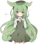  1girl :o animal_ears blush brown_eyes collared_shirt commentary_request cowboy_shot dress flat_chest green_dress green_hair green_hat grey_shirt hair_between_eyes hands_up hat heart heart_hands heart_in_heart_hands highres long_hair long_sleeves looking_at_viewer ovoip parted_lips raised_eyebrows shirt shirt_under_dress simple_background sleeves_past_wrists solo standing straight-on translation_request twitter_username very_long_hair voicevox white_background wing_collar zundamon 