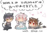  1boy 2girls animal_ears black_hair blue_dress blush cat_ears cat_tail closed_mouth dark_konoha dress hairband highres hinageshi_(hngs_tzr) kagerou_project konoha_(kagerou_project) kozakura_marry long_sleeves low_ponytail medium_hair multiple_girls pink_eyes pink_hairband scales simple_background sitting tail tateyama_ayano translation_request white_background white_hair yellow_eyes 