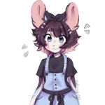 :3 accessory anakoluth anthro black_body black_fur blue_body blue_eyes blue_fur blush bow_ribbon brown_hair clothing female fur hair hair_accessory hair_bow hair_ribbon hi_res lagomorph leporid liz_(anakoluth) looking_at_viewer mammal overalls pink_hair rabbit ribbons shirt solo topwear white_body white_fur