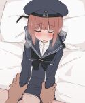  1boy 1girl ame_(amechan17391739) blue_sailor_collar blunt_bangs blush bottomless breath brown_eyes dress hat heavy_breathing hetero kantai_collection lying missionary on_back on_bed red_hair sailor_collar sailor_dress sailor_hat sex short_hair simple_background steam steaming_body sweat z3_max_schultz_(kancolle) 