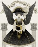  1girl bicorne black_dress black_hat black_wings bob_cut buttons dress eleanor_(ohmyeleanor) epaulettes expressionless feathered_wings french_commentary grey_hair hat highres long_dress looking_at_viewer original pale_skin pillar scroll short_hair simple_background standing star_(symbol) sword victorian weapon white_background white_sleeves wings yellow_eyes yellow_trim 
