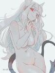  1girl absurdres closed_mouth completely_nude demon_girl demon_tail grey_background helltaker highres long_hair lucifer_(helltaker) navel nipples noah_(tettsui-sole) nude red_eyes simple_background sketch smile solo tail twitter_username white_hair 