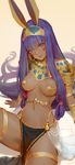  absurdly_long_hair animal_ears bangs breasts closed_mouth covered_nipples dark_skin earrings egyptian egyptian_clothes fate/grand_order fate_(series) highres jackal_ears jewelry long_hair looking_at_viewer medium_breasts navel nitocris_(fate/grand_order) open_eyes purple_eyes purple_hair simple_background sitting smile solo tim_loechner very_long_hair yellow_background 