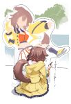  1girl animal_ears brown_hair character_cutout dog_ears dog_tail from_behind highres holding holding_pen hololive inugami_korone inugami_korone_(1st_costume) jacket kito_koruta long_sleeves off_shoulder pen skirt solo tail translation_request virtual_youtuber yellow_jacket yellow_skirt 