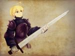  1boy ahoge bangs blonde_hair breastplate brown_background closed_mouth final_fantasy final_fantasy_tactics gloves hair_between_eyes holding holding_sword holding_weapon little_grey_wolf long_sleeves male_focus orange_eyes ramza_beoulve short_hair shoulder_armor shoulder_spikes solo spaulders spikes standing sword turtleneck weapon white_gloves 
