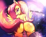  abstract_background anthro anus big_butt bodily_fluids butt duo english_text equid equine female fluttershy_(mlp) friendship_is_magic genitals glowing hair hasbro hi_res horse humanoid humanoid_genitalia looking_back male male/female mammal mistleinn my_little_pony mythological_creature mythological_equine mythology pegasus penis pink_hair pony pussy sweat sweatdrop sweaty_butt tail text wings yellow_body 