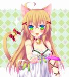  ahoge animal_ears bad_id bad_pixiv_id bell bell_collar blush breasts brown_hair cat_ears cat_tail cleavage collar enokorogusa_(flower_knight_girl) fang flower_knight_girl green_eyes hair_ornament long_hair looking_at_viewer mikoto_(mikoto_r_a) small_breasts solo tail tail_bell 