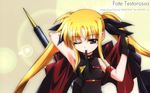  arm_belt armpits cape fate_testarossa gloves hair_ribbon highres long_hair lyrical_nanoha magical_girl mahou_shoujo_lyrical_nanoha mahou_shoujo_lyrical_nanoha_the_movie_1st mouth_hold one_eye_closed red_eyes ribbon seductive_smile smile solo thighhighs twintails 