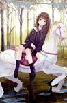  absurdres brown_hair carousel copyright_request fukahire_(ruinon) highres horse horseback_riding long_hair riding sidesaddle sitting skirt smile solo tree 