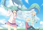  2girls absurdres aqua_eyes aqua_hair blonde_hair casual cloud day hair_ribbon hatsune_miku headphones highres hood hooded_jacket jacket kagamine_len kagamine_rin long_hair multiple_girls ribbon short_hair skirt sky twintails vocaloid wind yooguru 