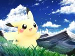  grass nature nintendo no_humans outdoors pemyu pikachu pok&#233;mon pokemon sky smile solo video_games 