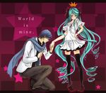  1girl aqua_eyes artist_request blue_hair blue_scarf blush crown dress drill_hair hatsune_miku kaito long_hair ribbon scarf short_hair thighhighs twintails vocaloid world_is_mine_(vocaloid) 