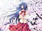  amafuki_setsuka blue_hair cherry_blossoms green_eyes hanafubuki highres long_hair petals plaid plaid_skirt sakurazawa_izumi school_uniform skirt smile solo wallpaper 