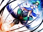  akashio_(loli_ace) bad_id bad_pixiv_id blue_eyes detached_sleeves green_hair kneehighs kochiya_sanae long_hair midriff reiuji_utsuho reiuji_utsuho_(bird) socks solo touhou wallpaper 