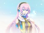 blue_eyes breath chan_co detached_sleeves headset jewelry long_hair megurine_luka microphone music pink_hair ring singing snow solo upper_body very_long_hair vocaloid 